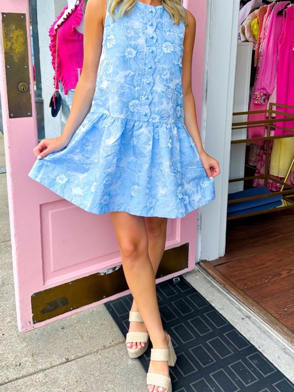 Entro Light Blue Floral Sleeveless Mini Dress